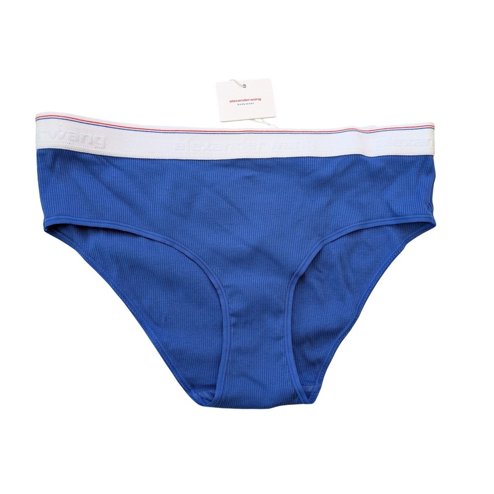 Alexander Wang Blue Ribbed Cotton Bikini Panty with White Waistband
